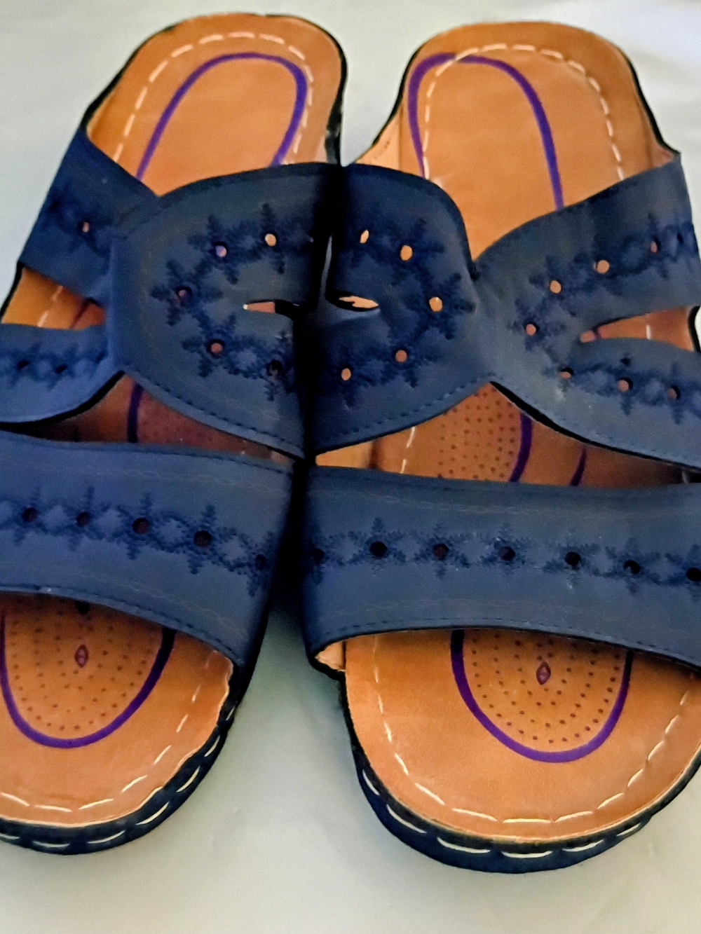 Women's Navy Slide Sandals with Decorative Cutwork